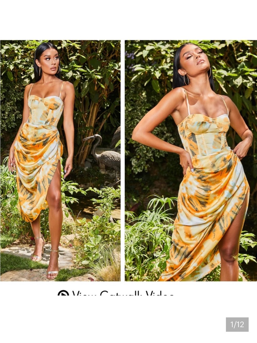 PrettyLittleThing Yellow Orange Tie-Dye Draped Bustier Midi Skirt